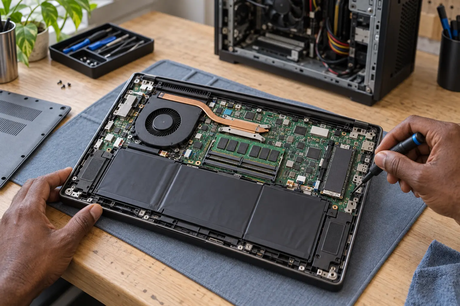 AI-generated image of a laptop repair with a desktop computer on the bench