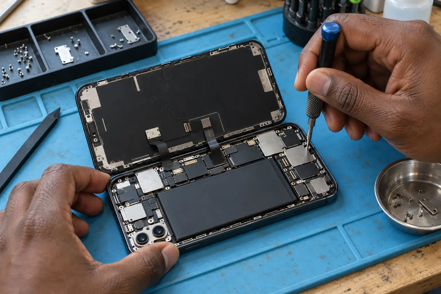 AI-generated image of hands repairing an opened smartphone