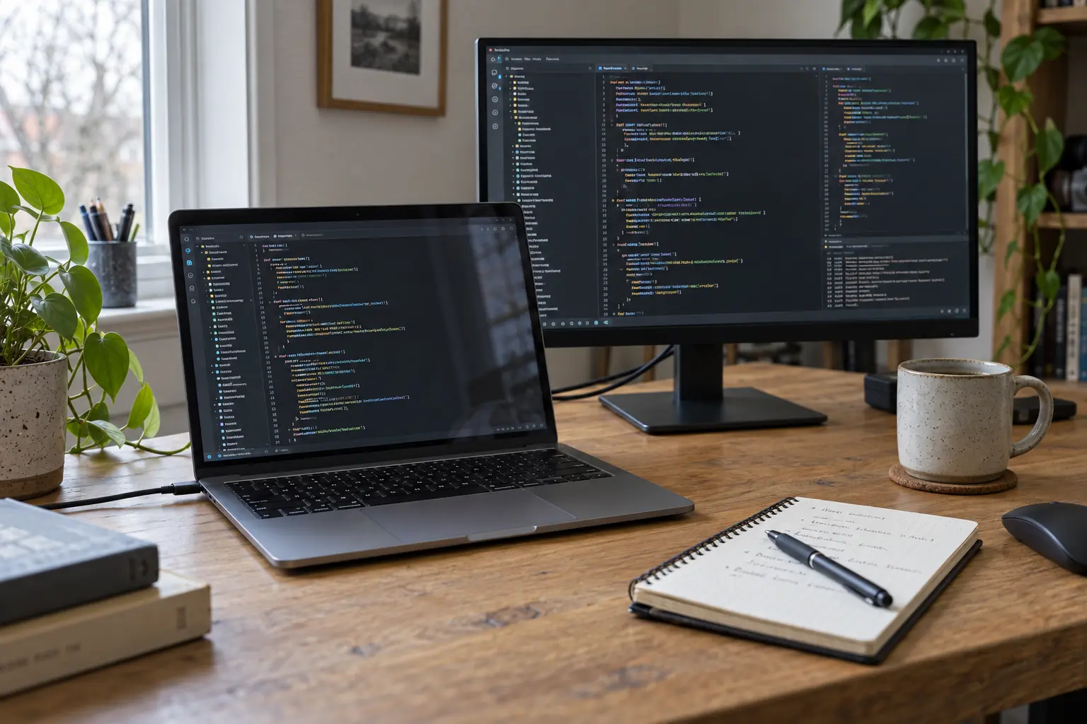 AI-generated image of a laptop and monitor in a daylight software workspace